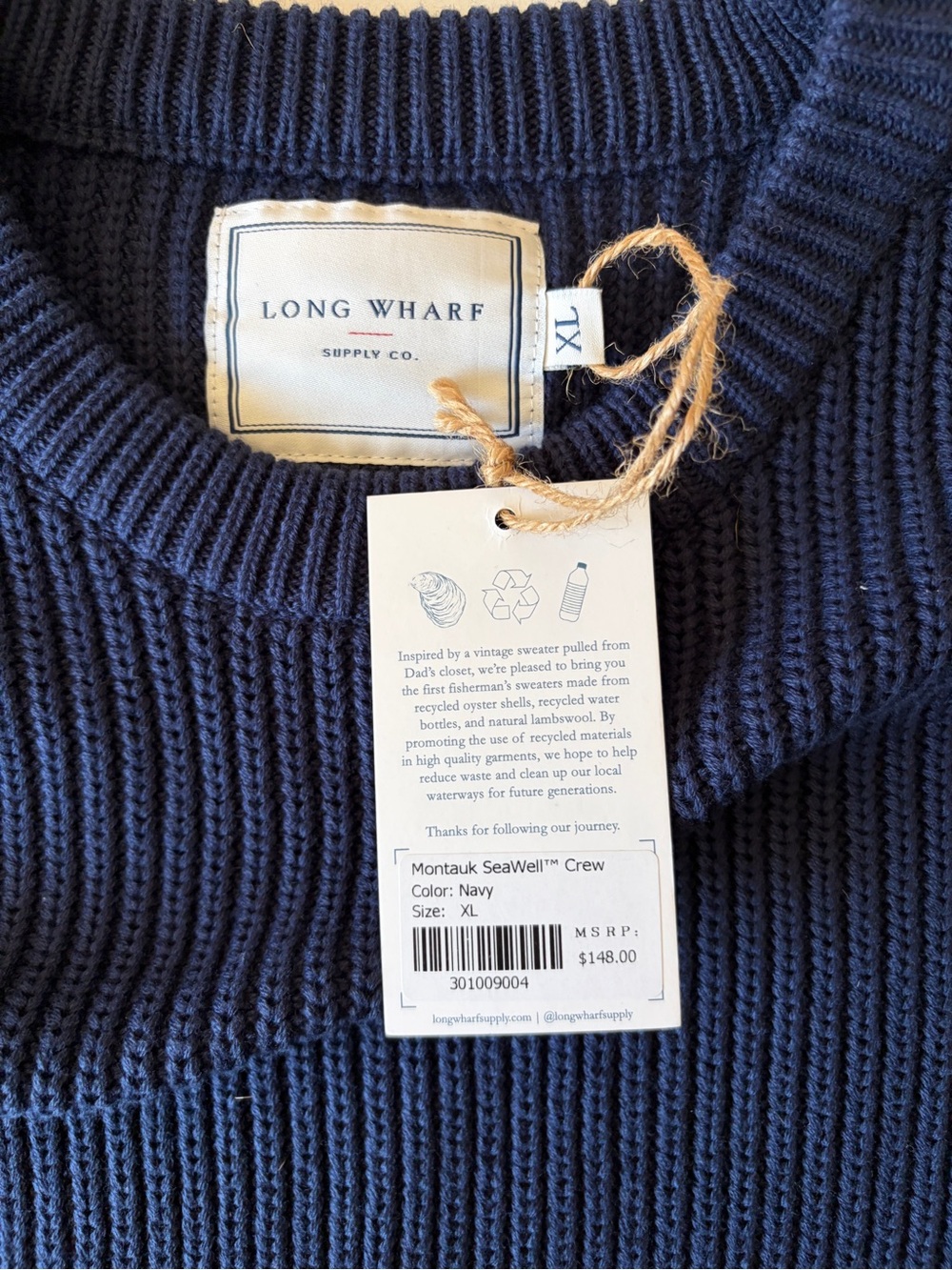 New long wharfs supply co montauk seawell navy blue knit sweater men’s size XL